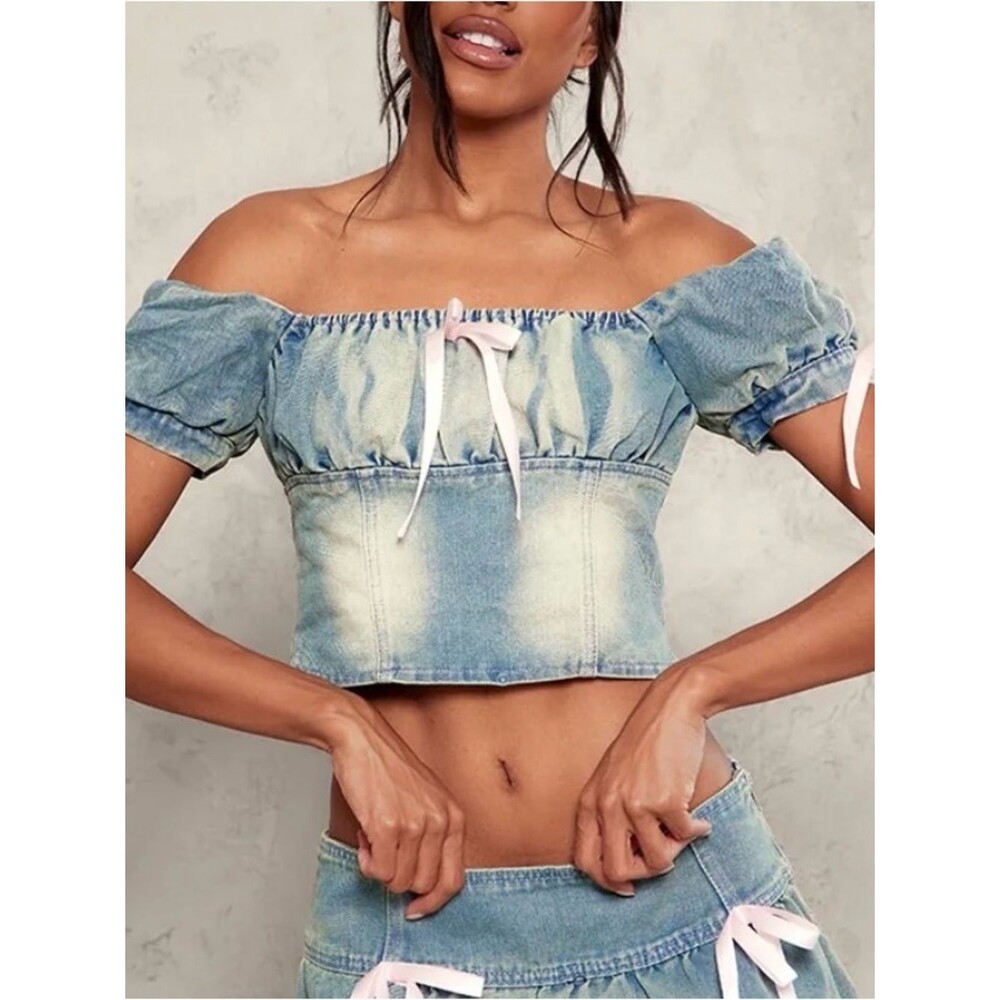 NWT PrettyLittleThing Denim Off-Shoulder Cropped Top Bow Detail Size 8